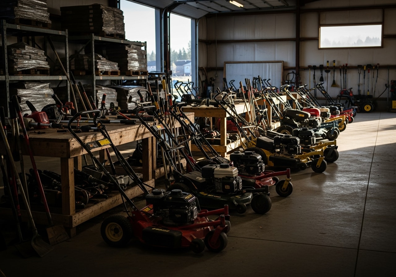 Landscaping crew with equipment and tools ready for yard work and property maintenance projects.