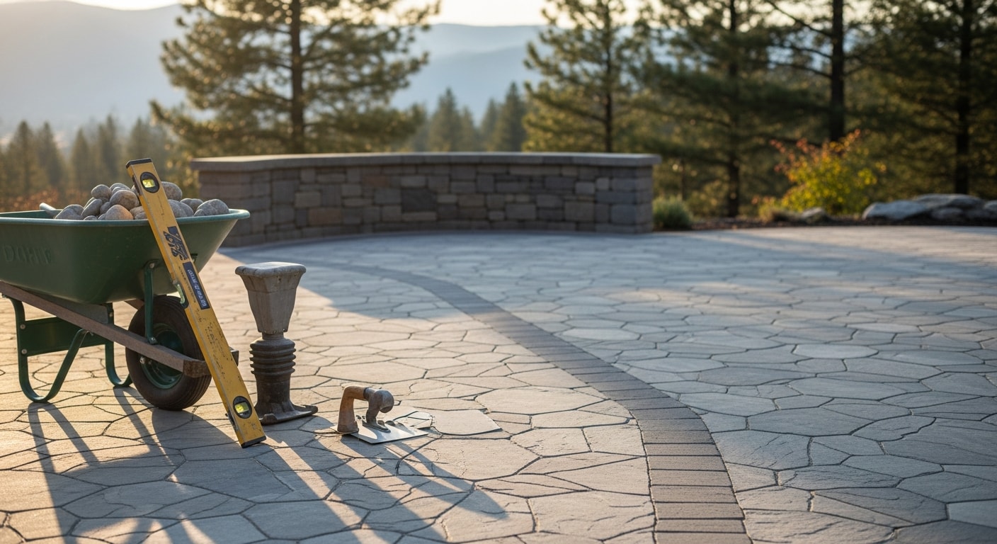 Completed stone patio with decorative rock landscaping and water feature
