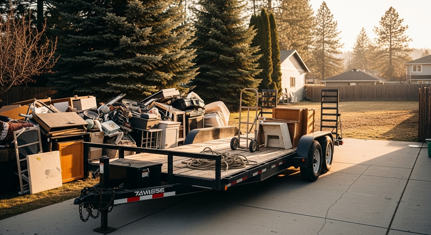 Junk removal truck loaded with household items and yard debris