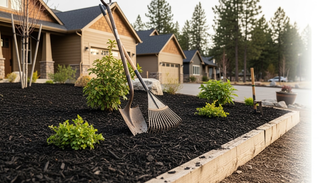 Professional landscaping installation with new plantings and mulch in residential yard