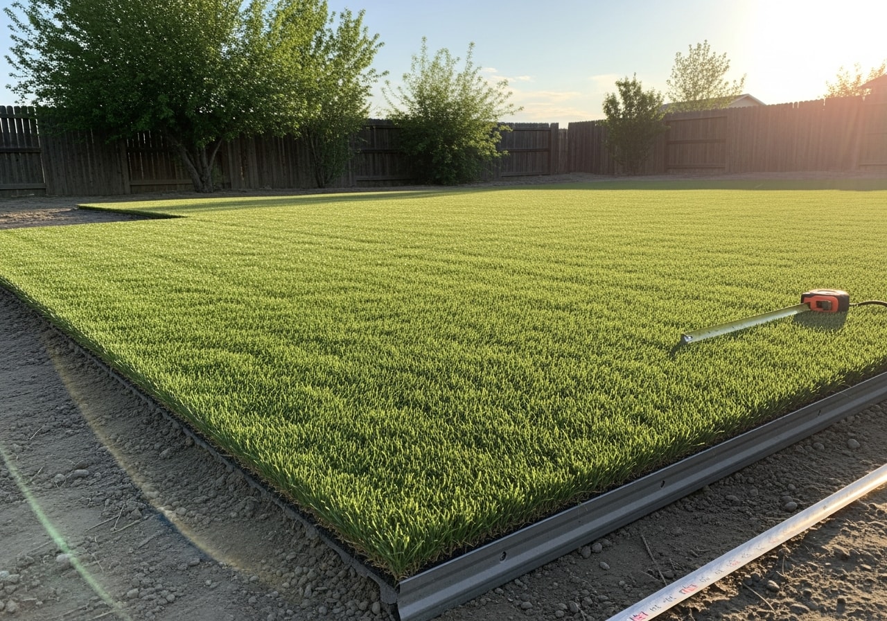 Installed artificial grass lawn with edging in Worley residential backyard