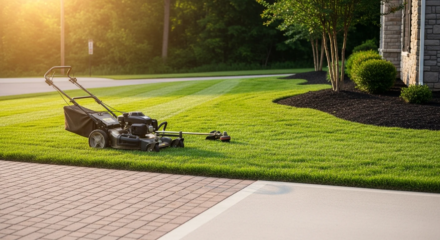 Manicured green lawn with dark mulch edging along white metal building