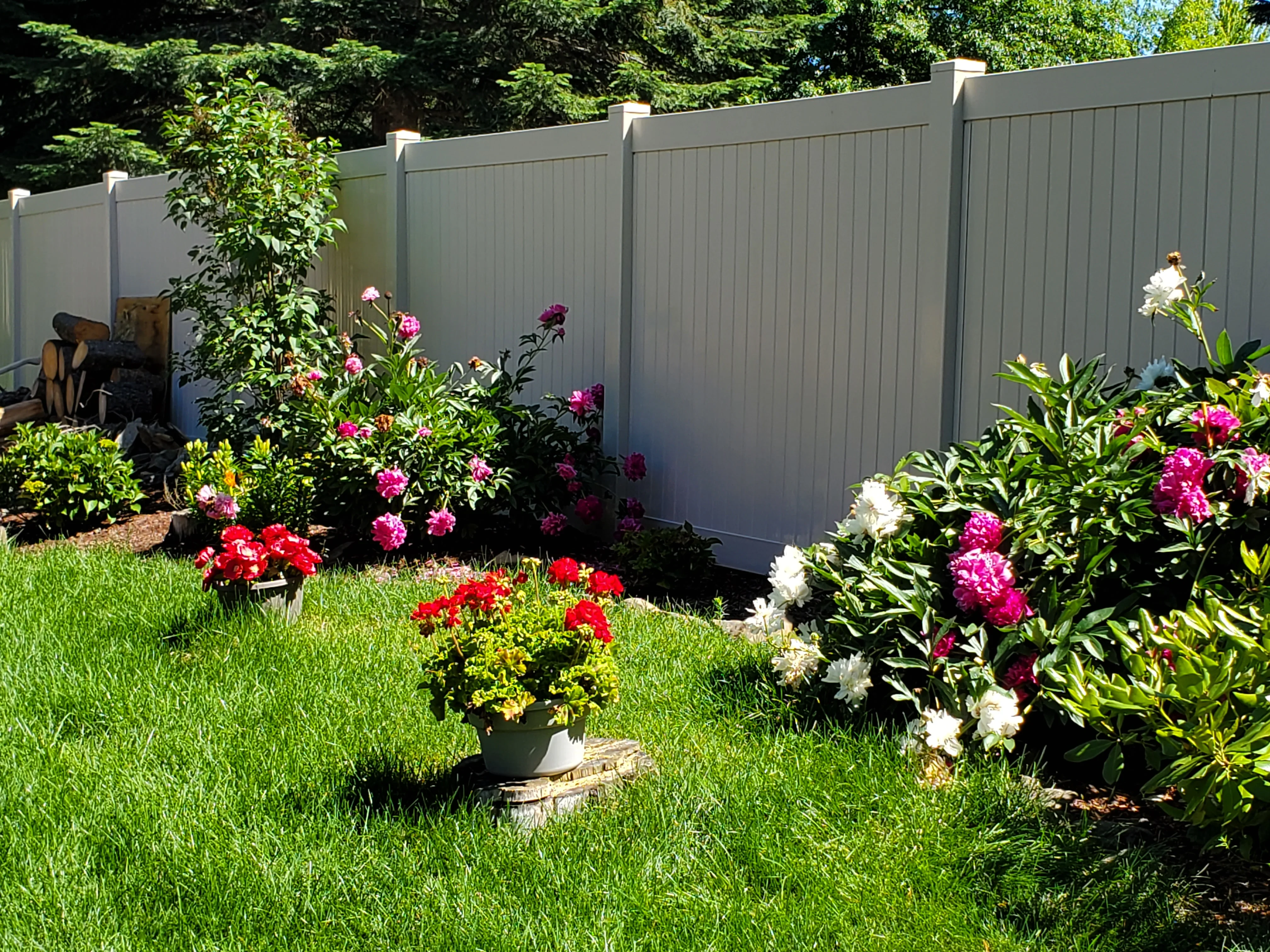 Gray composite privacy fence with colorful flowering perennials and manicured lawn