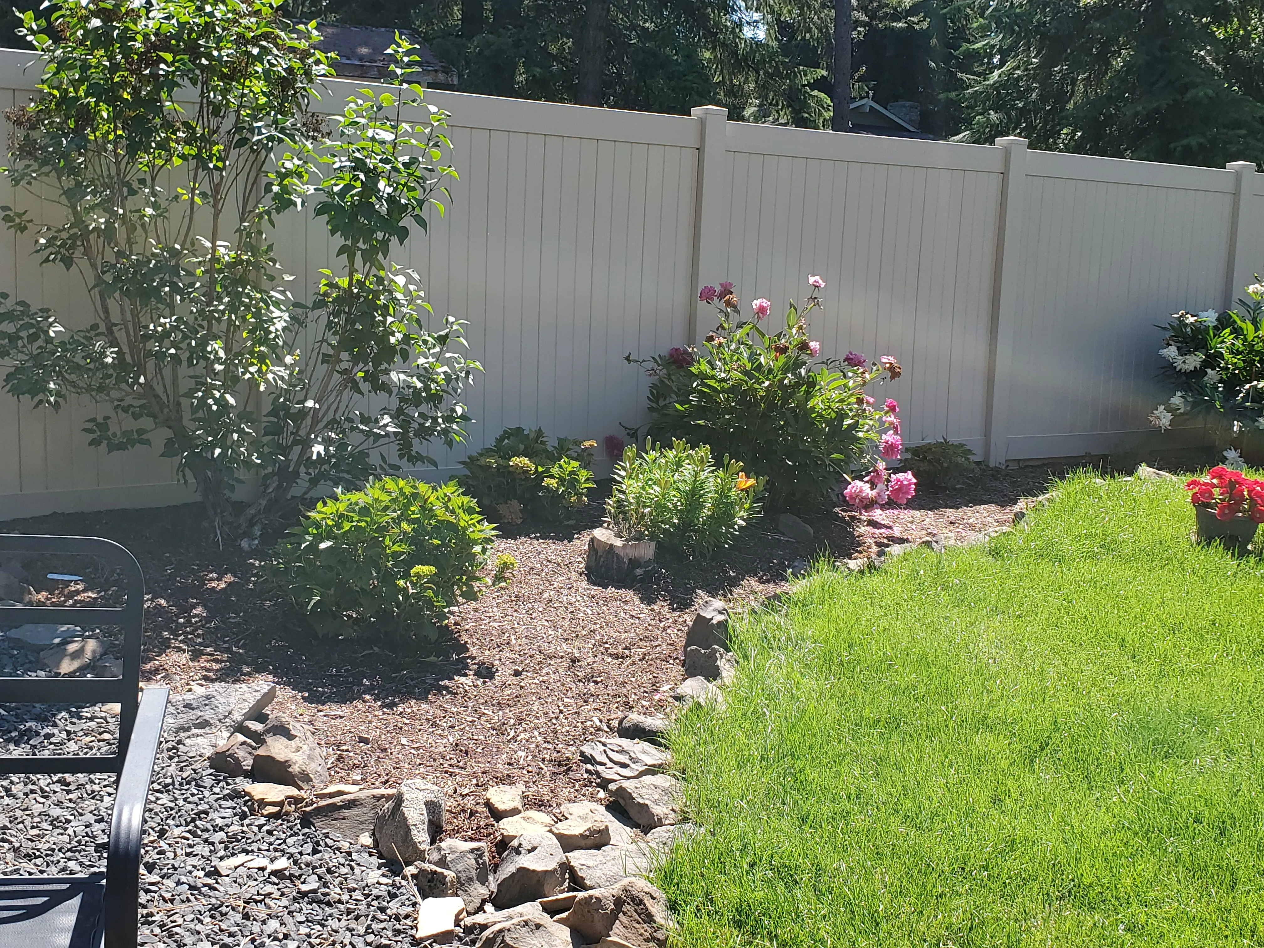 Backyard with white vinyl fence, flowering plants, rock edging, and manicured lawn