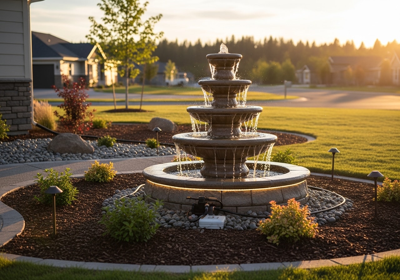 Tiered stone fountain with LED lighting in Hayden front yard landscape