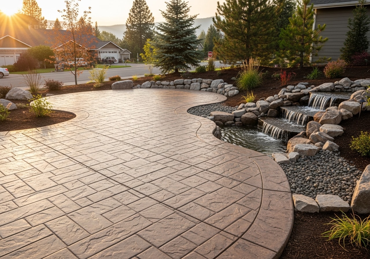 Stamped concrete patio with three-tier waterfall and stream in Coeur d'Alene backyard