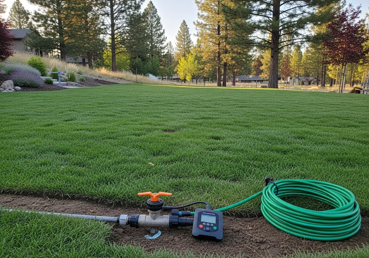 Lush green residential lawn with newly installed sprinkler system in Hayden Lake