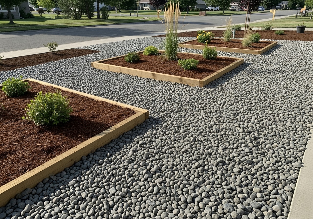 Decorative river rock landscape with raised planting beds and native plants in Post Falls