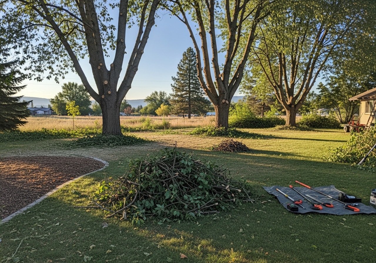 Trimmed mature trees and cleared yard debris in Spirit Lake residential property