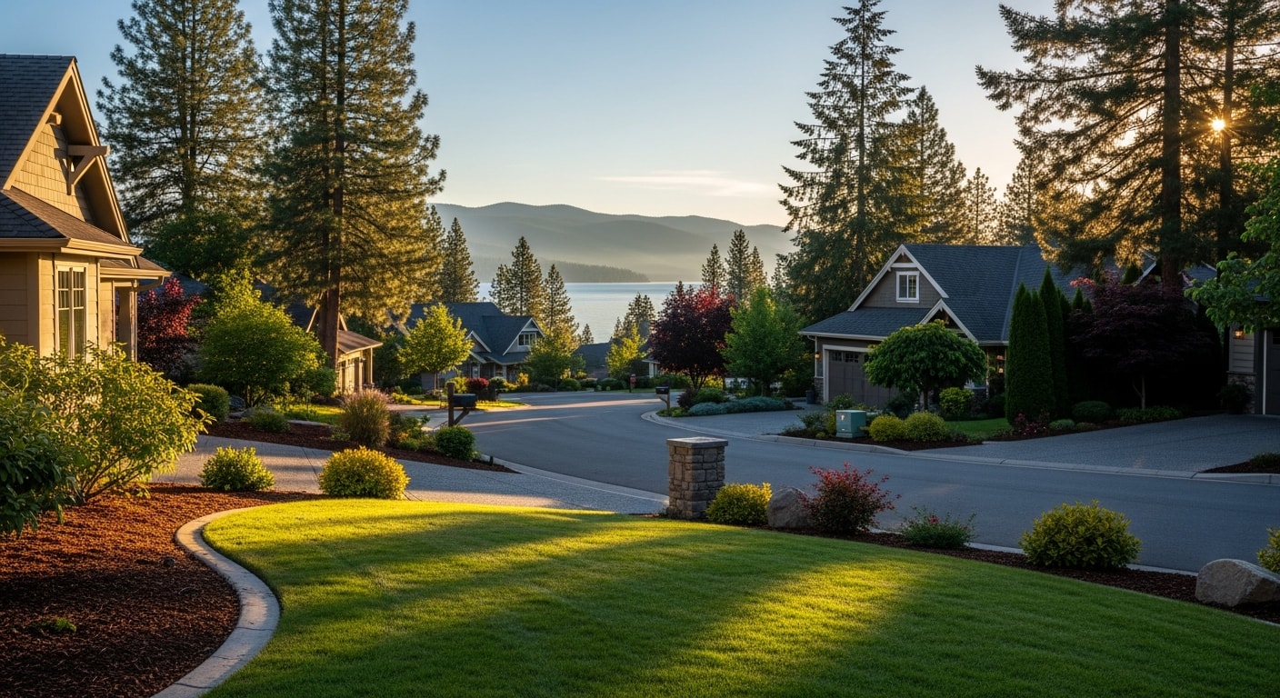Scenic Coeur d'Alene waterfront with residential homes and tree-lined streets along the lake.