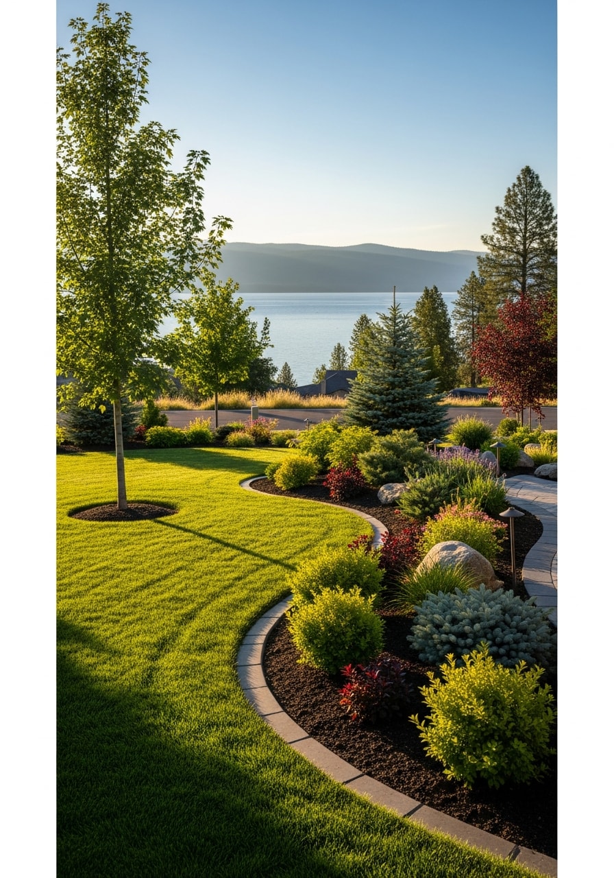 Lakeside home in Hayden Lake with manicured grounds and clear water views in the background.