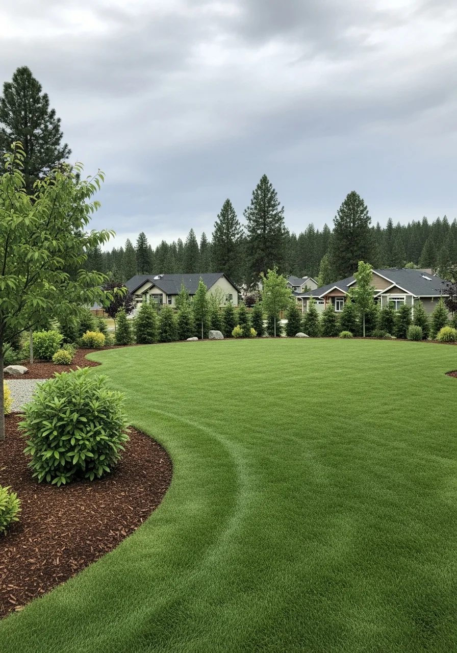 Well-maintained residential yard in North Idaho with manicured lawn and landscaping