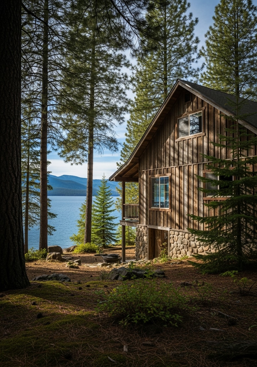 Lakeside cabin or home in Priest Lake area with natural surroundings and mountain backdrop.