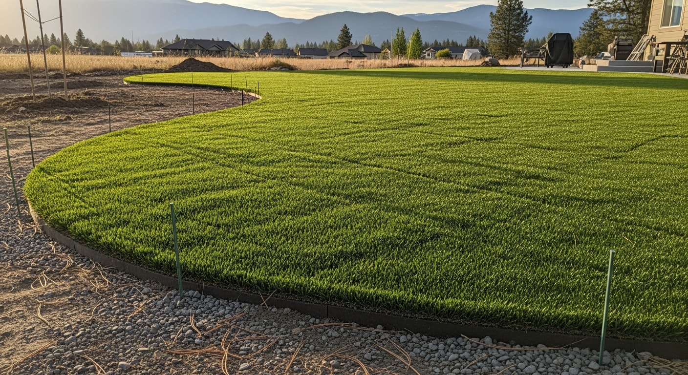 Freshly installed artificial grass lawn in a Coeur d'Alene residential backyard, showing a flat green surface with clean edging along a wood fence. The turf covers the full yard area with no bare patches or seams visible.