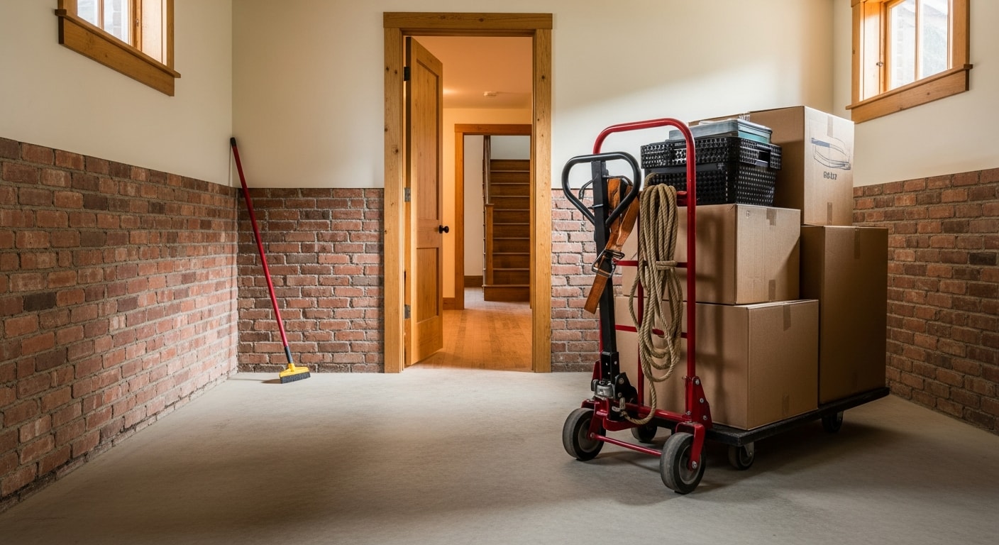 Interior of a Coeur d'Alene single-family home with furniture, boxes, and old appliances staged for removal by a junk hauling crew. Empty rooms visible after cleanout is complete.