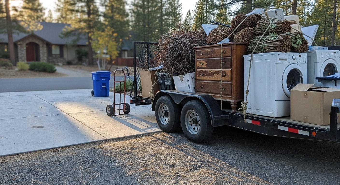 A cleared residential backyard in Coeur d'Alene, Idaho after junk removal, with old furniture and yard debris fully loaded into a hauling truck. The property shows open, clean outdoor space ready for use.