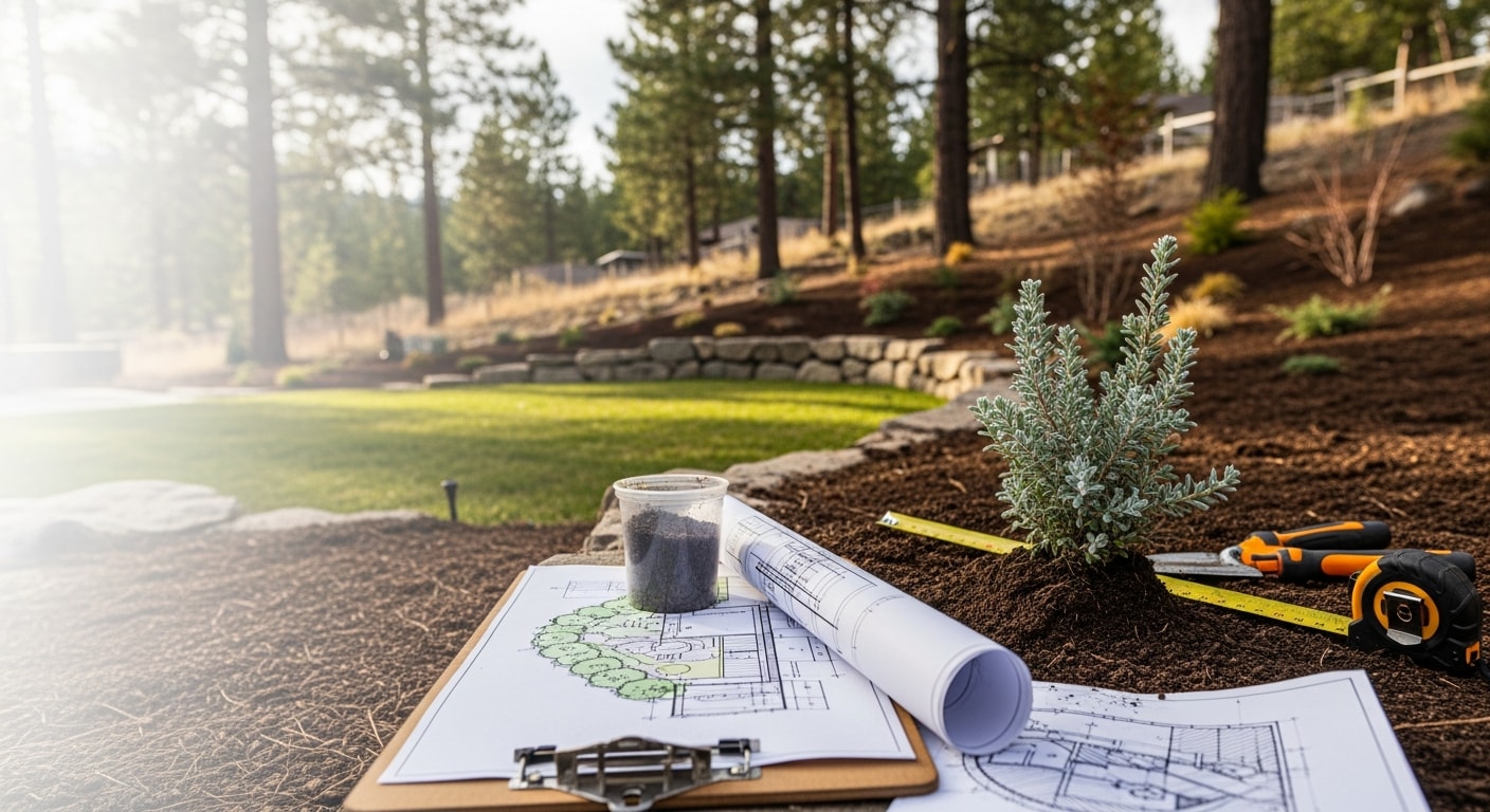 A redesigned residential backyard in Coeur d'Alene, Idaho showing defined planting beds, a clean lawn area, and cold-hardy shrubs along a sloped property line. The finished landscape reflects North Idaho's natural surroundings with structured plantings suited to four-season conditions.
