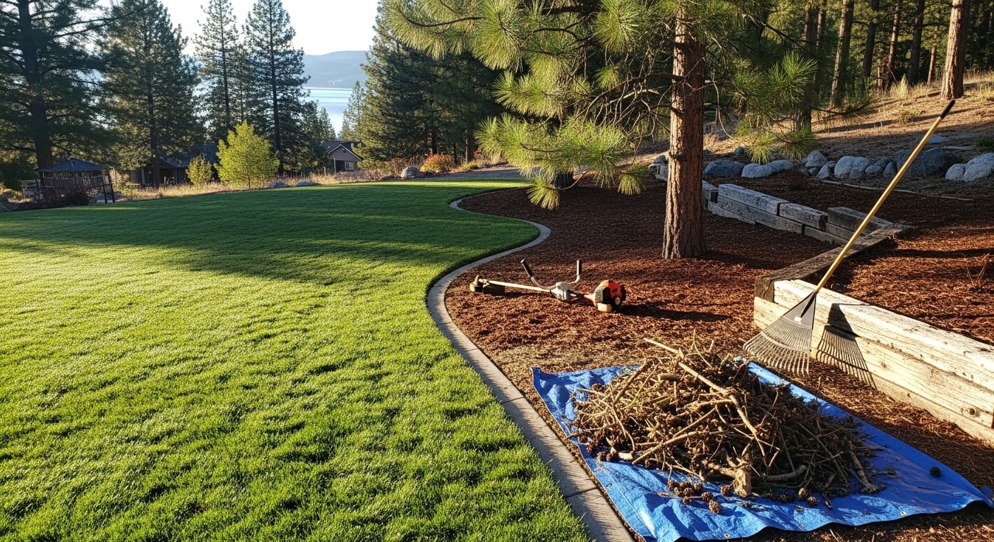 A neatly mowed and edged residential lawn in Coeur d'Alene, Idaho, with trimmed shrubs along a clean garden bed border. A landscaping crew member is visible blowing clippings from a concrete driveway edge after a maintenance visit.