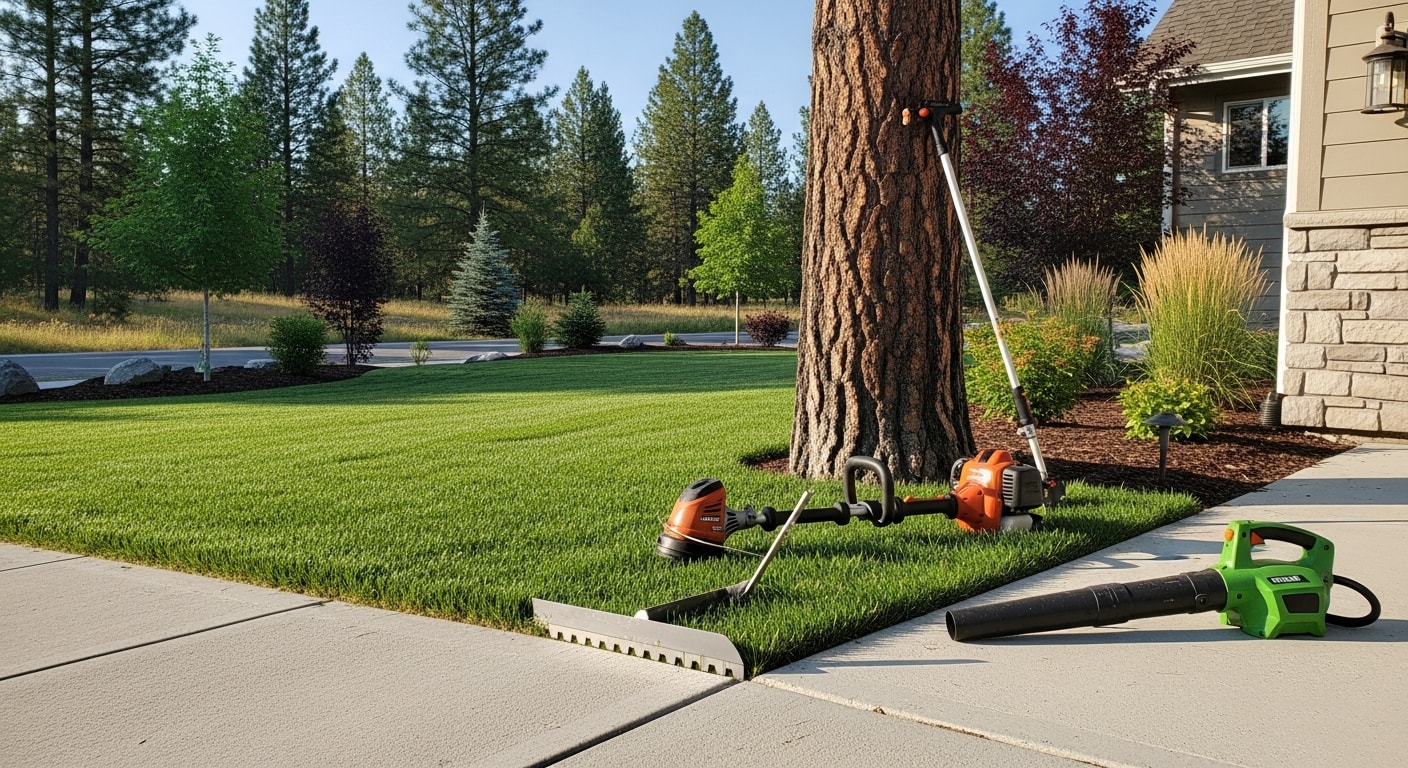 A Coeur d'Alene residential lawn with freshly power-edged borders along a concrete sidewalk and string-trimmed grass around a wooden fence line. Clean clipping-free hard surfaces and defined turf edges visible throughout the front yard.