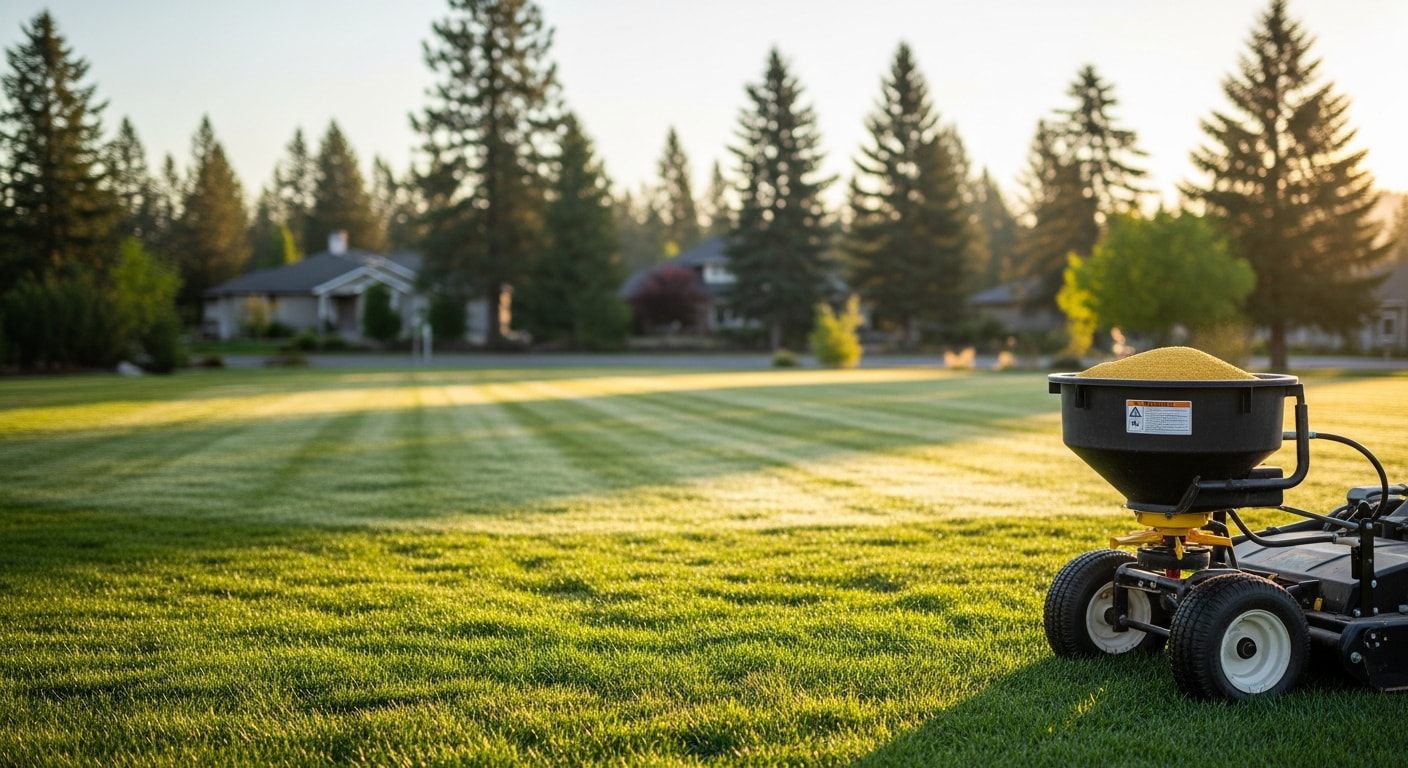 A uniformly green residential lawn in Coeur d'Alene, Idaho following a professional fertilization treatment by Bee Stung Yard Care LLC. The turf shows dense, even growth with no visible thin or patchy areas.