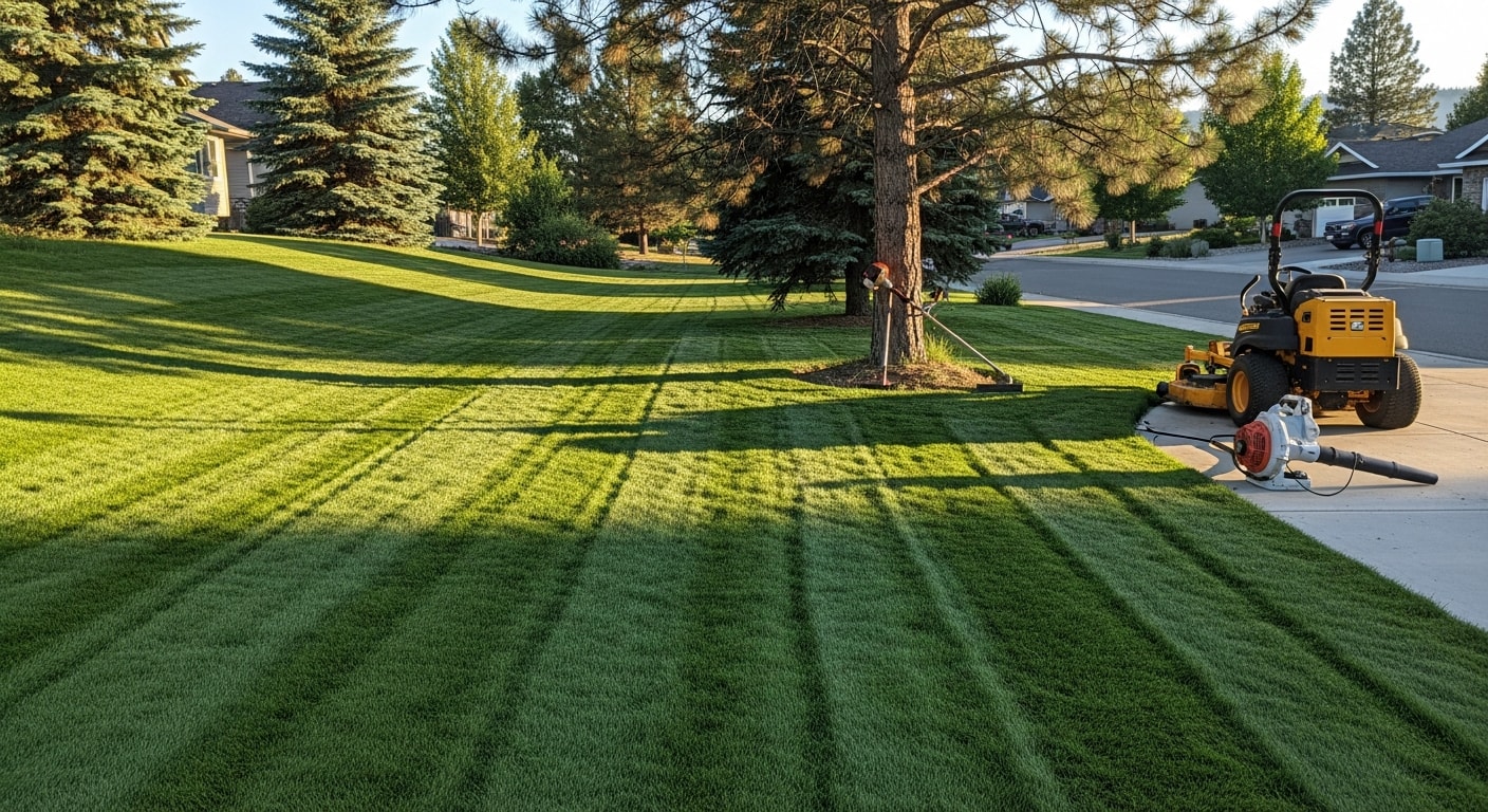 A freshly mowed residential lawn in Coeur d'Alene, Idaho with clean mowing lines, trimmed edges along a concrete driveway, and clippings cleared from the sidewalk. The cool-season grass appears even and green under a partly cloudy North Idaho sky.