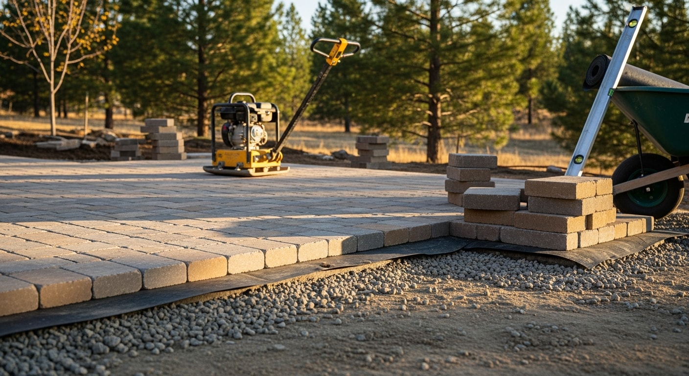 A freshly installed paver patio in a Coeur d'Alene backyard, with a clean stone surface, defined edges, and a grassy lawn border. The patio is sized for outdoor dining and set against a typical North Idaho residential home exterior.