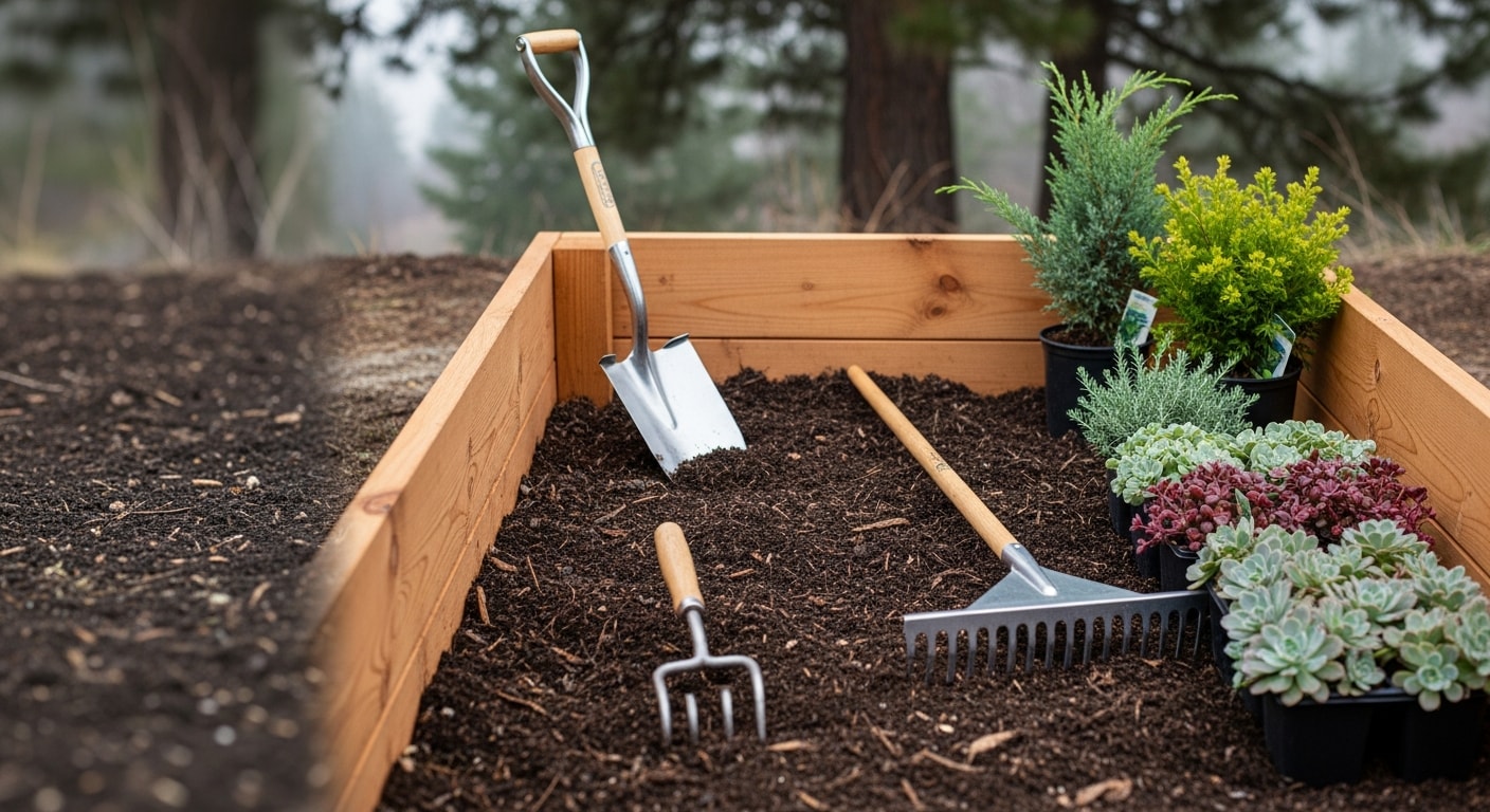 A freshly planted residential front yard in Coeur d'Alene, Idaho, with cold-hardy shrubs and perennials installed in mulched beds along a home's foundation. A landscaping crew from Bee Stung Yard Care LLC finishes tamping soil around newly planted specimens under a clear North Idaho sky.