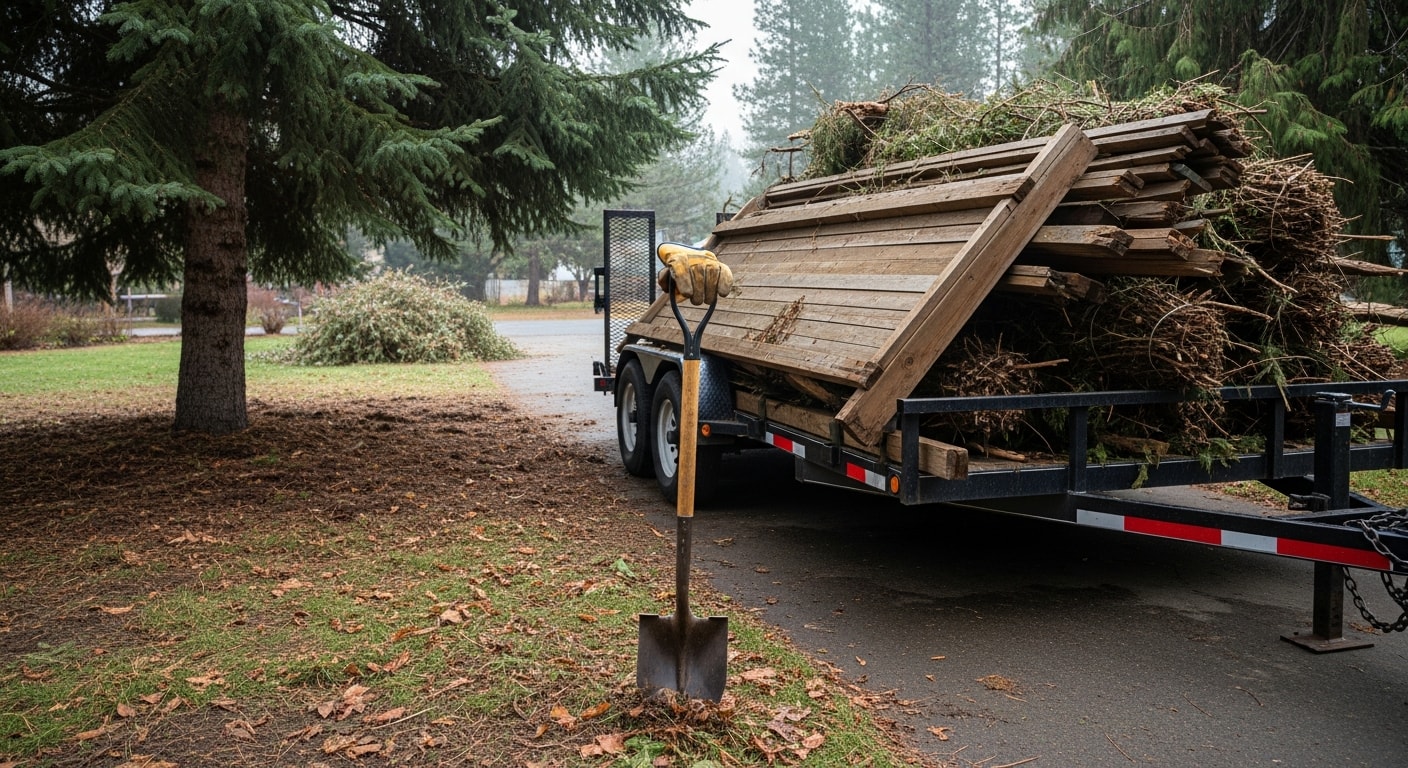 A cleared residential backyard in Coeur d'Alene, Idaho after a full property cleanup, with brush piles, old junk, and yard debris removed. A Bee Stung Yard Care LLC truck is loaded and ready to haul the debris away.