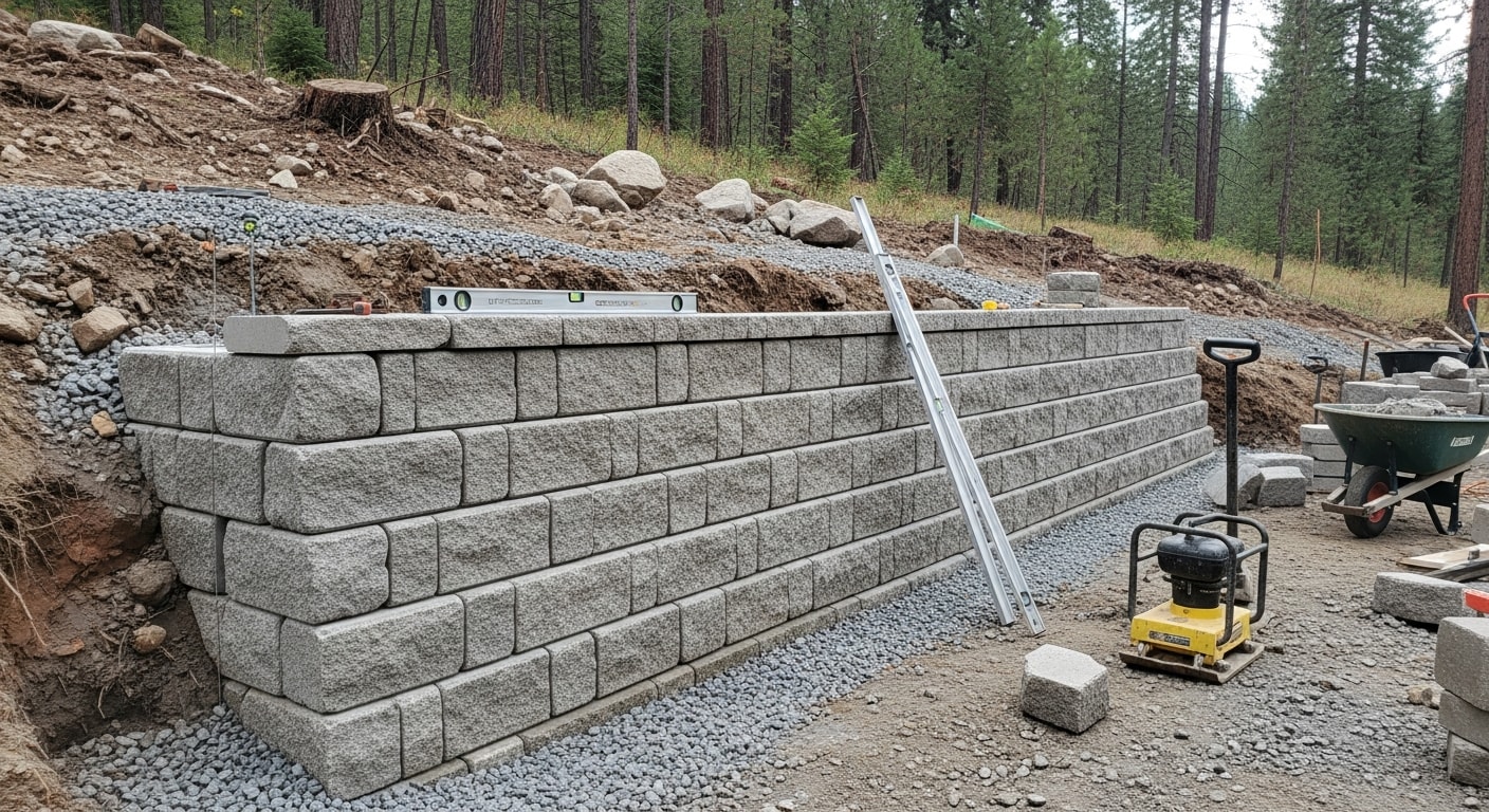 A newly constructed retaining wall on a sloped residential property in Coeur d'Alene, Idaho, holding back a tiered hillside yard with compacted soil and clean drainage behind the wall. The finished wall creates a level outdoor area at the base of the slope next to a home's backyard.