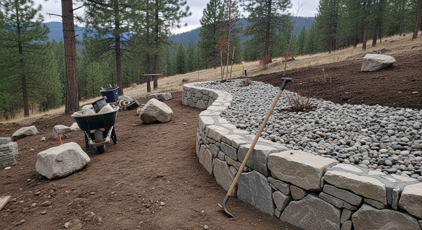 Natural boulders and decorative rock placement along a sloped residential yard in Coeur d'Alene, Idaho, with stone edging defining a garden bed against a pine-tree backdrop. Close view shows dry-stack stone border with gravel infill on a North Idaho property.