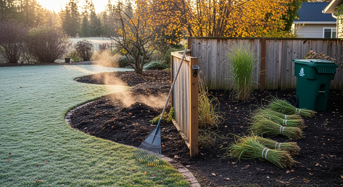 A Coeur d'Alene residential lawn after a fall seasonal cleanup, with cleared garden beds, cut-back perennials, and a debris-free turf ready for winter. Bee Stung Yard Care LLC crew equipment visible in the background.
