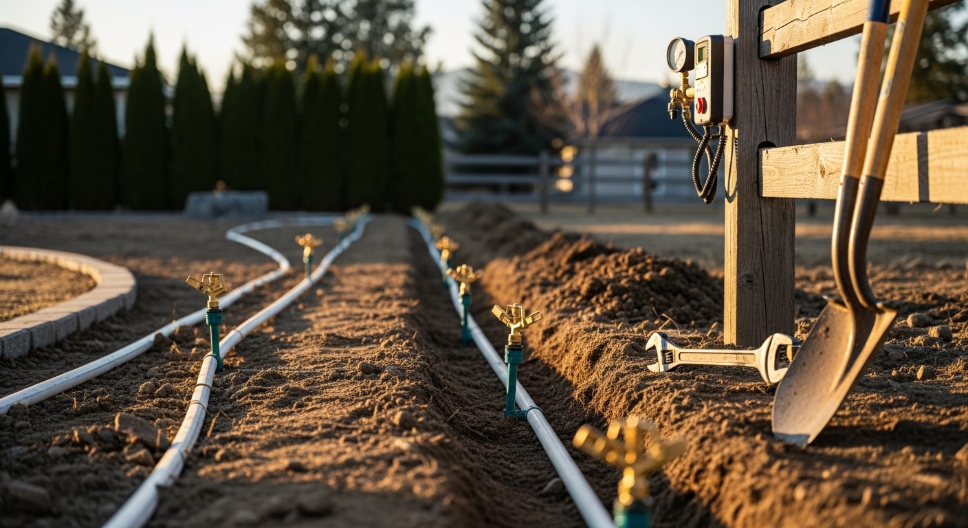 A freshly installed residential sprinkler system running across a green lawn in Coeur d'Alene, Idaho, with spray heads covering an even pattern across the turf. A paved walkway and mature trees are visible in the background of the North Idaho property.