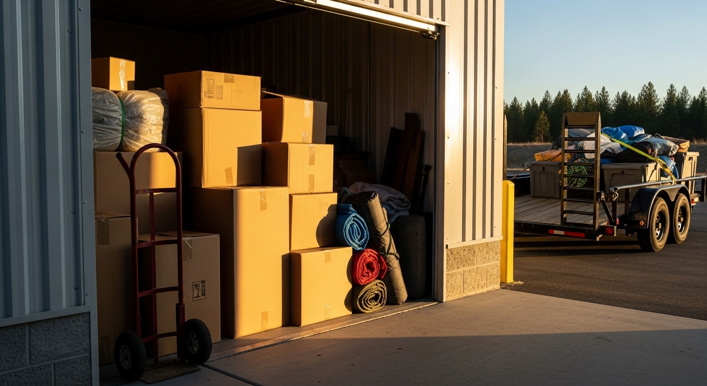 An empty, cleared-out storage unit at a Coeur d'Alene, Idaho facility after a full junk removal cleanout. A loaded haul truck sits in the drive-up aisle with removed furniture and boxes ready for disposal.