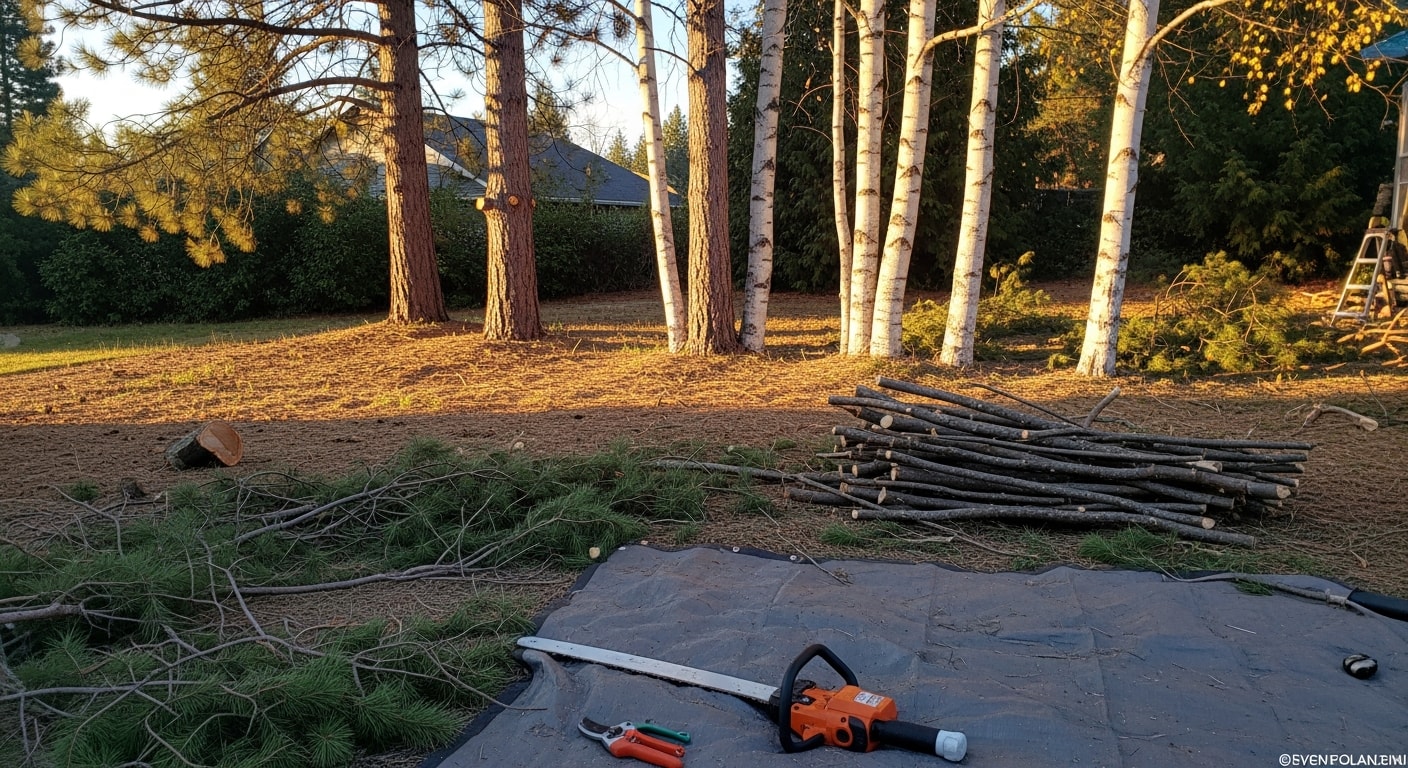 A Bee Stung Yard Care LLC crew member trimming overgrown branches from a mature Ponderosa pine in a residential backyard in Coeur d'Alene, Idaho. The trimmed tree stands clear of the home's roofline with a clean, open canopy.