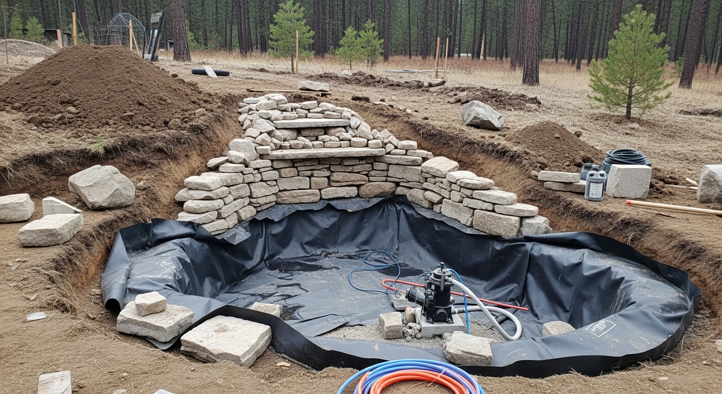 A custom pondless waterfall built into a sloped residential backyard in Coeur d'Alene, Idaho, with stacked natural stone and a recirculating stream flowing into a gravel basin. The surrounding hardscape includes fitted stone edging that ties the water feature into the existing yard layout.