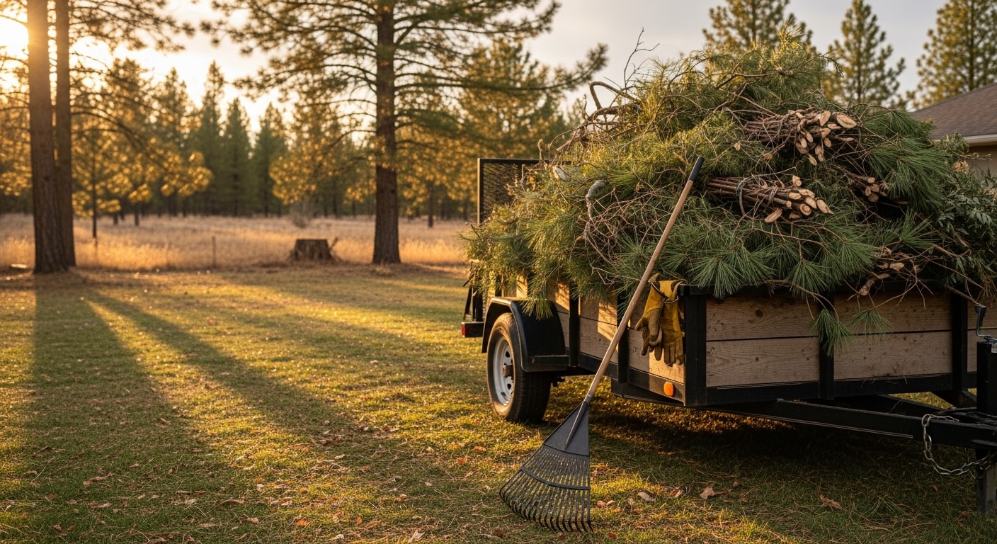 A cleared residential backyard in Coeur d'Alene, Idaho with a pile of branches, brush, and leaves loaded into a hauling truck. The surrounding yard shows open lawn space after debris removal.